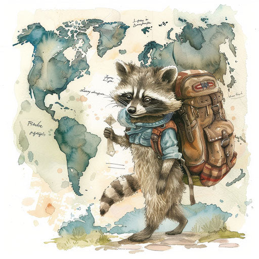 A raccoon traveler backpacking through exotic destinations around the globe.