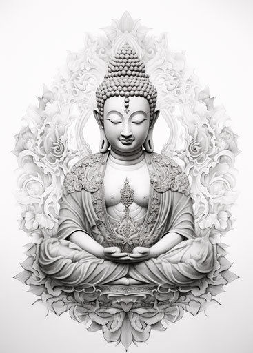 Buddha mandala on white, tattoo style, pensive pose, multicolor realism