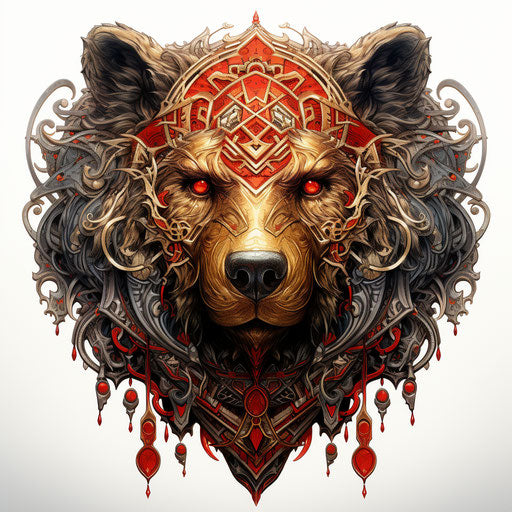 Ornamented bear's head on white background