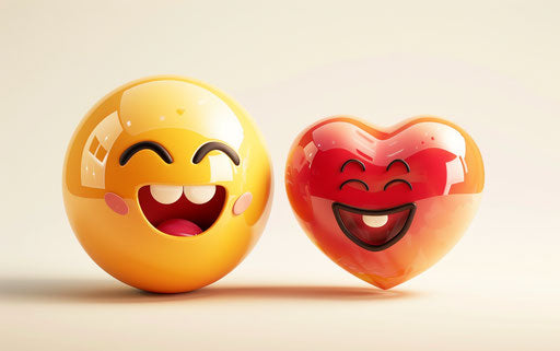 Two cute happy emojis holding heart, clipart on white background