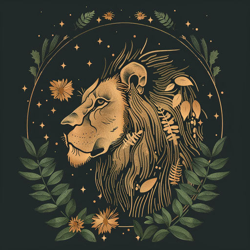 Lush tattoo sketch of Leo constellation in a flat clipart style with rich green and gold botanical motifs