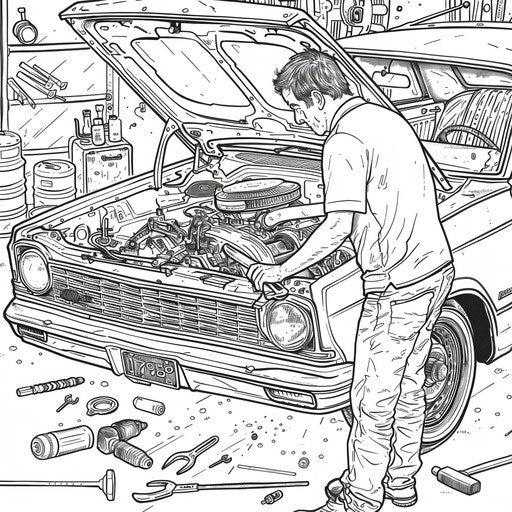 Dad fixing car with various tools around