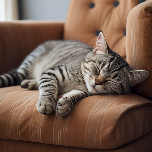 An American shorthair cat sleeping on a couch