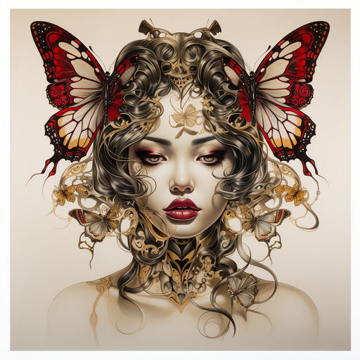 Golden butterfly tattoo design framed art in geisha style