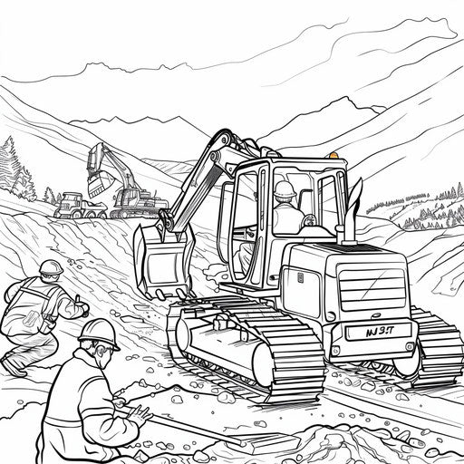 Construction vehicle working on a road project with a crew. Coloring page