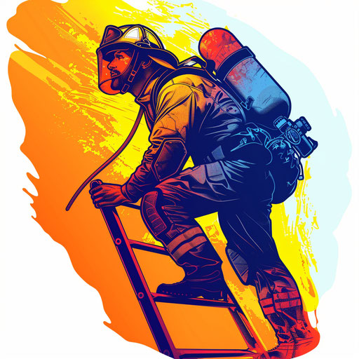 Dynamic flat tattoo sketch of a firefighter climbing a ladder