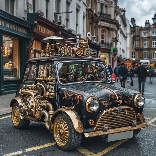 Steampunk-inspired 1980 Mini Cooper in Victorian London