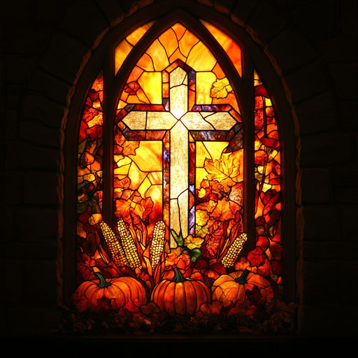 Church window with cross and symbols of Thanksgiving