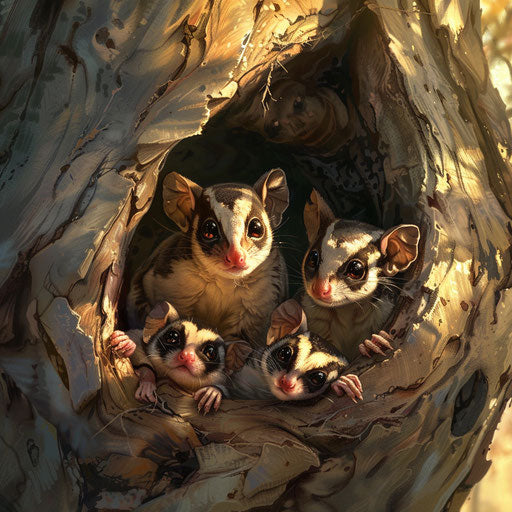 A family of small marsupials in a cozy tree hollow at sunset