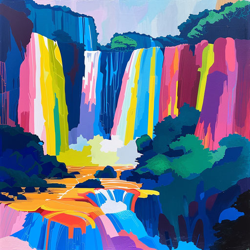 Iguazu Falls with bold shapes and vibrant colors
