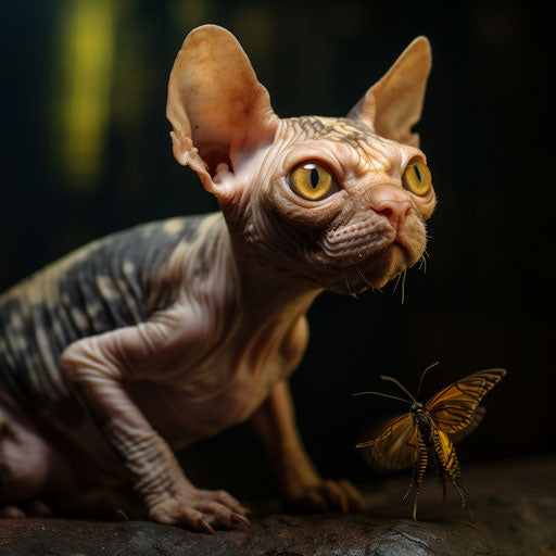 Devon Rex cat staring at an insect