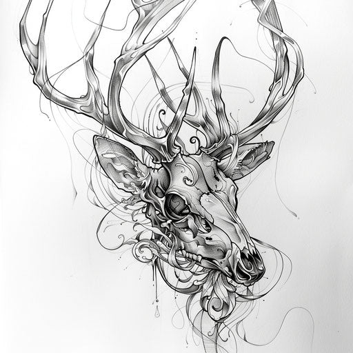 Art nouveau deer skull tattoo with detailed organic lines