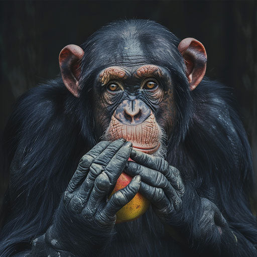 Chimpanzee holding a fruit with an expressive look