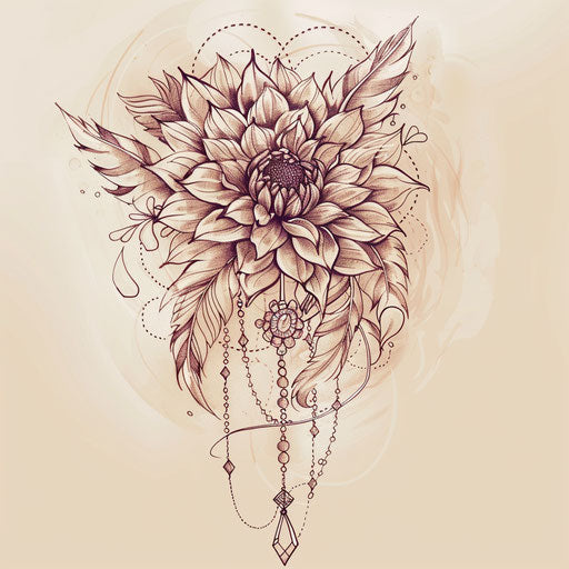 Bohemian tattoo sketch of an aster flower intertwined with feathers and beads in earth tones