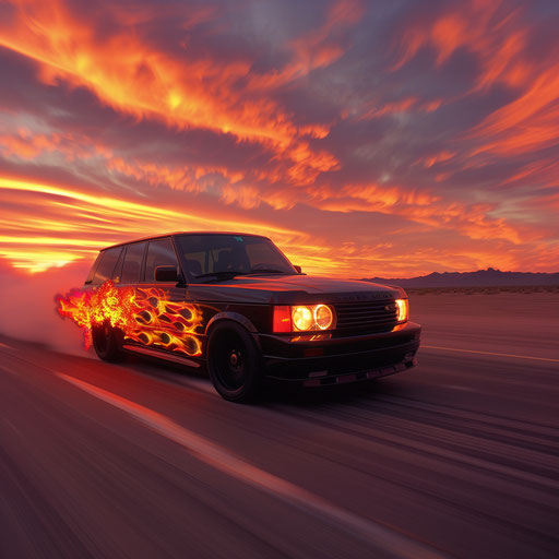 Tuned SUV racing in the desert at sunset