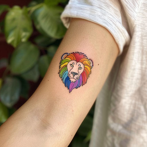 Minimalist flat tattoo sketch of a lion with a rainbow mane for pride