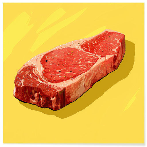 Steak illustration in photo realistic style with a flat random background, high contrast and saturated hues