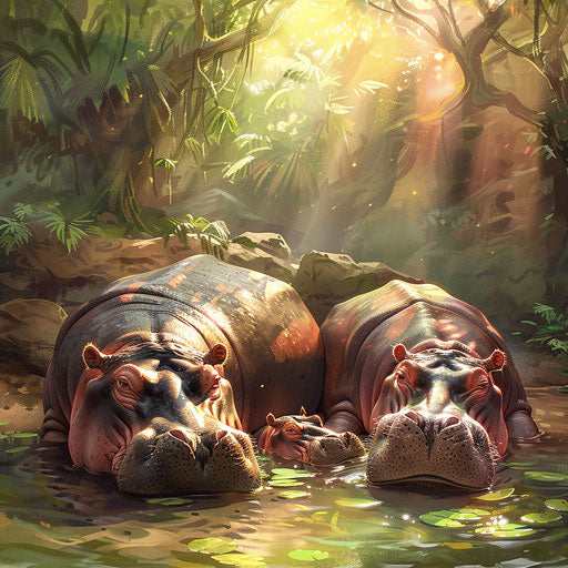 Family of hippos lounging in a sun-dappled river