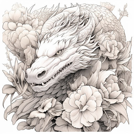 Dragon and flower tattoo design coloring page