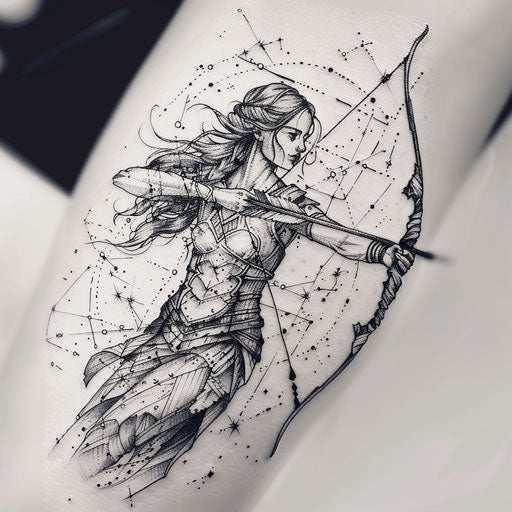 Flat tattoo sketch of Artemis with a bow made of celestial constellations