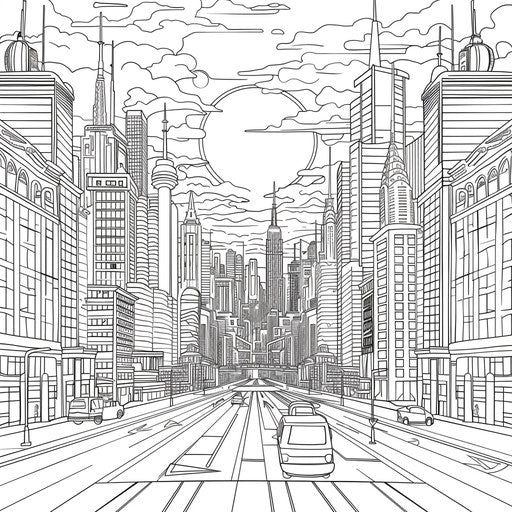 City at sunrise with sun behind buildings