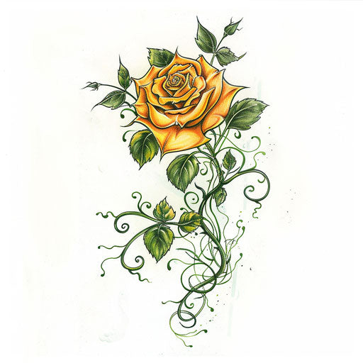 Eco-themed tattoo sketch of an amber rose with leaves and vines in green, emphasizing nature in a flat design style
