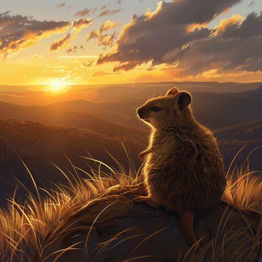 A quokka basking in the golden light of sunrise atop a serene mountain vista.