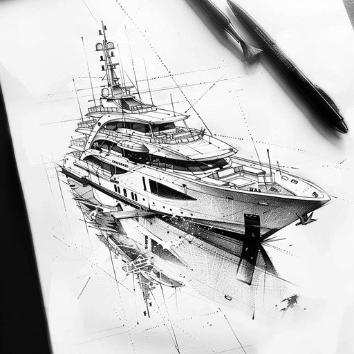 Elegant stippling tattoo sketch of a luxury yacht
