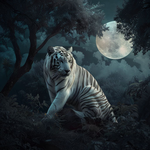 White tiger on the prowl under the moonlight in a mystical forest
