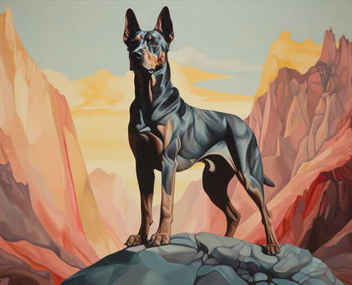 Dog on top, light brown and dark black style, mountainous vistas, strong contrast, les nabis 31:25