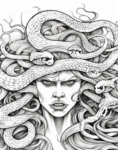 Coloring page with Medusa with snakes for kids