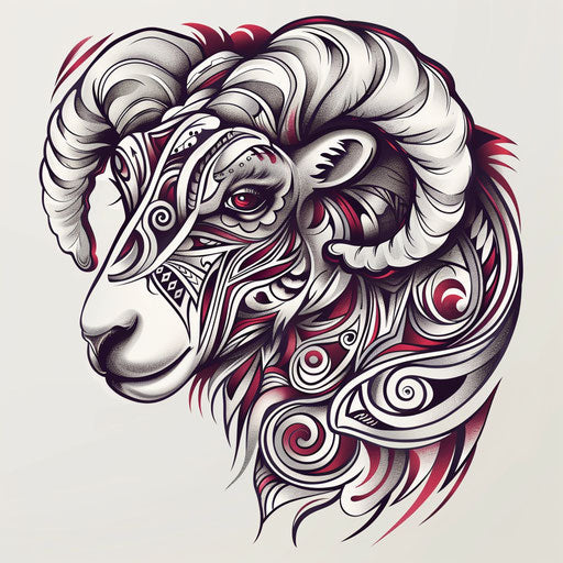 Exotic flat tattoo sketch of a sheep with traditional Maori inspired tattoo patterns