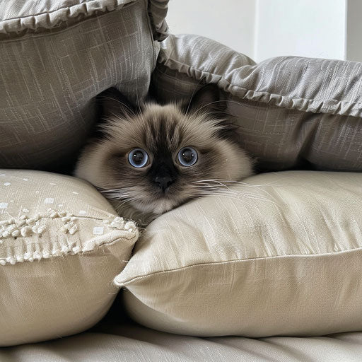 Himalayan cat hiding in a pile of soft pillows