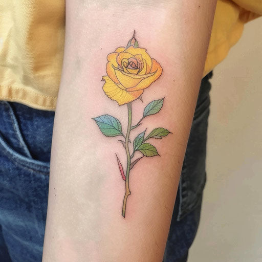Charming flat tattoo sketch of a yellow rose with soft pastel tones and a whimsical style