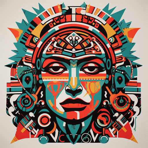 Bold stencil of adobe, aztec, and aztec head