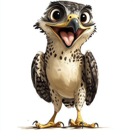 Humorous caricature of a falcon with human characteristics