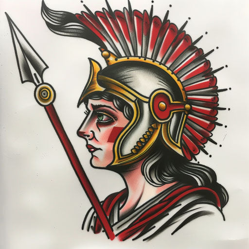 Neo-traditional tattoo design of Athena with spear and shield