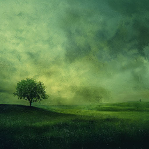 Green field with tree under storms - zen style