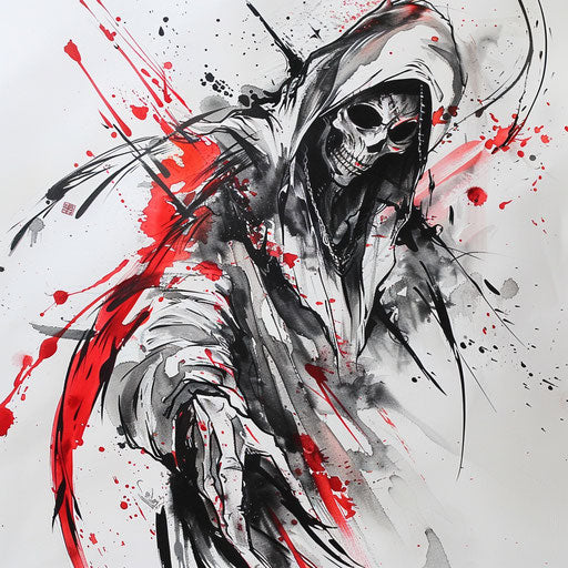 Watercolor reaper tattoo design, with splashes of red and black around a grim reaper, presented on a white canvas.