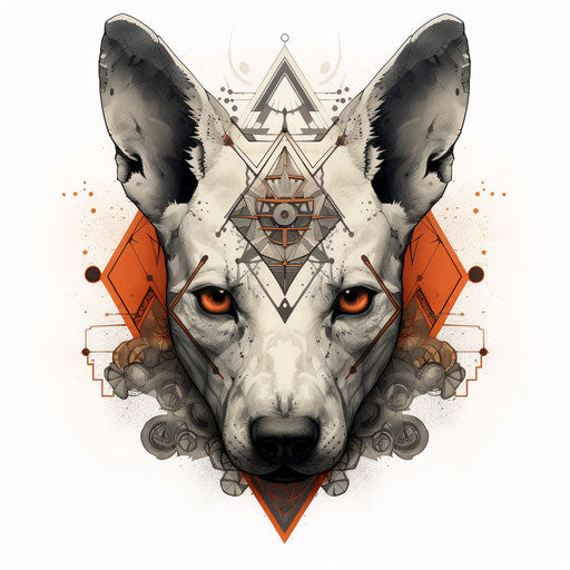 Dog with kanji design, dotwork style, tami bone, symmetrical