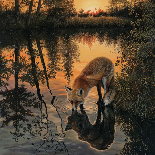 White tail fox drinking at edge of tranquil pond at sunset