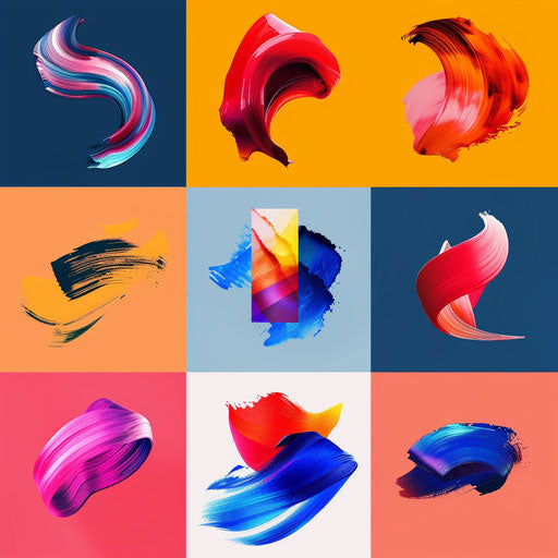 Logo examples with brush stroke elements and colorful palette on a vibrant background