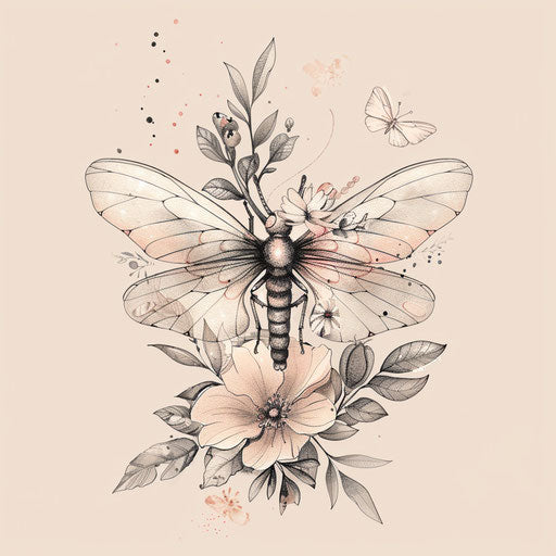 Romantic tattoo sketch of a firefly with soft blush tones and floral elements in a clipart style