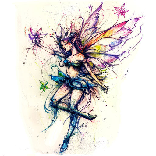 Small fantasy-inspired fairy and flower tattoo artwork, luminous colors on white