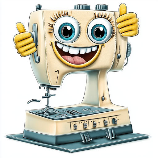Humorous caricature of a sewing machine with human characteristics
