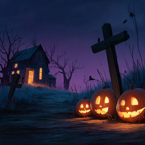 Mysterious Halloween with Pumpkins and a Cross