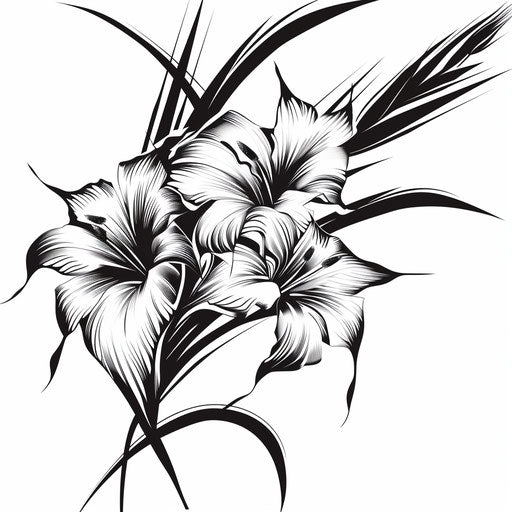 Bold tribal gladiolus tattoo design on white background