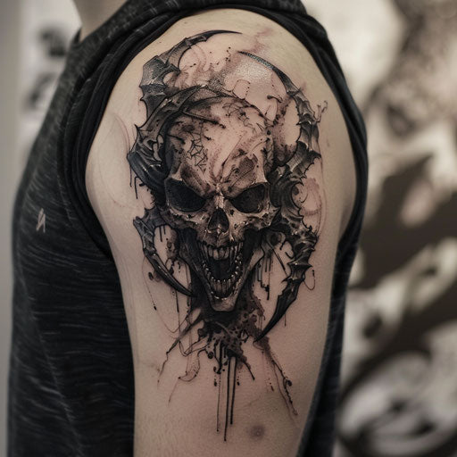 Strength tattoo with dark fantasy, in the style of David Palumbo