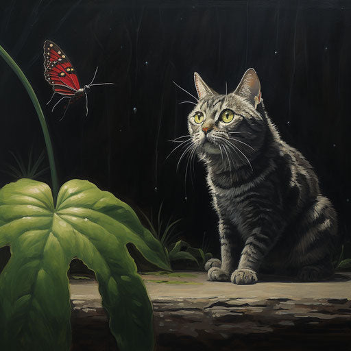 Manx cat staring at an insect