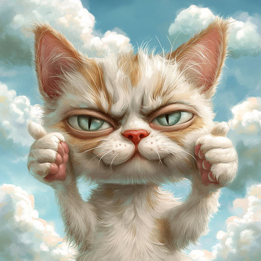 Humorous caricature of a cute cat with human characteristics